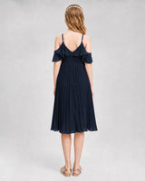 Navy Blue Chiffon Cold Shoulder Pleated Junior Bridesmaid Dresses Back View