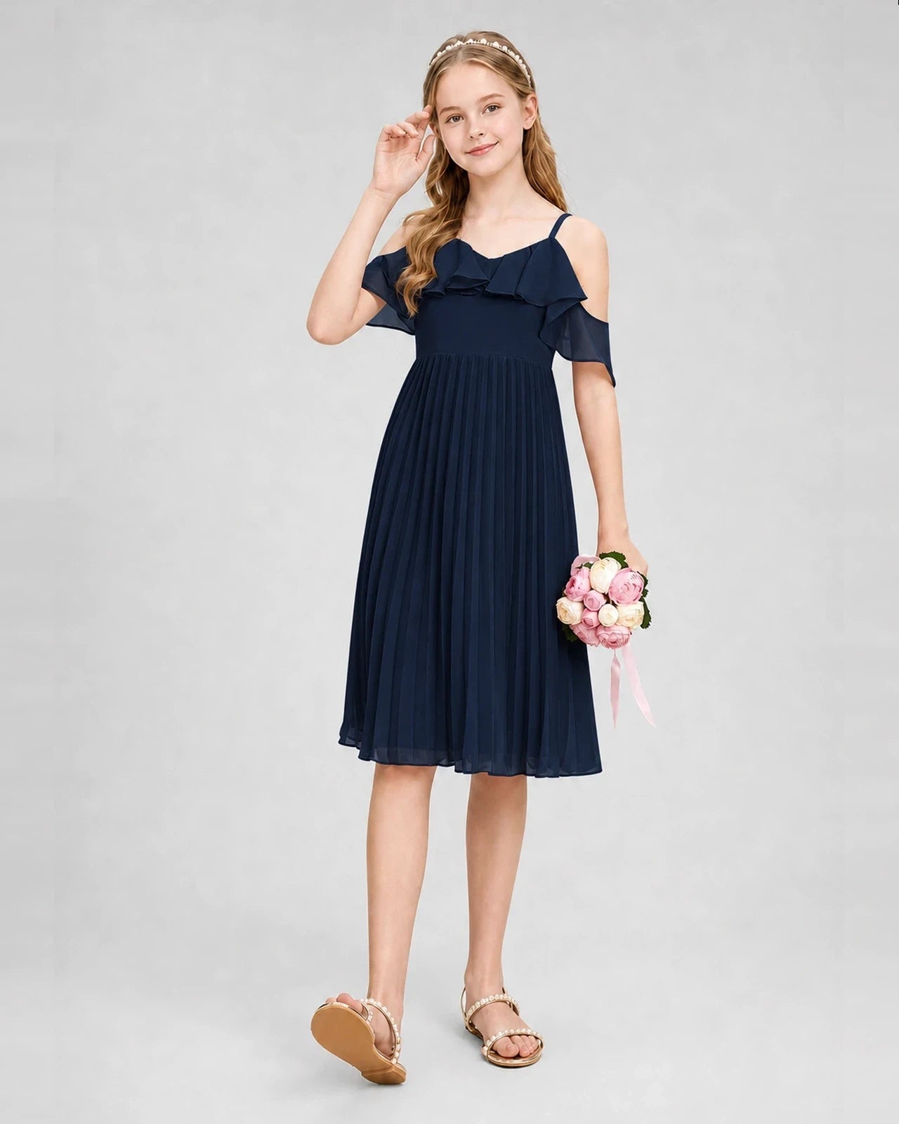 Dideyttawl Cold Shoulder Pleated Chiffon Junior Bridesmaid Dress
