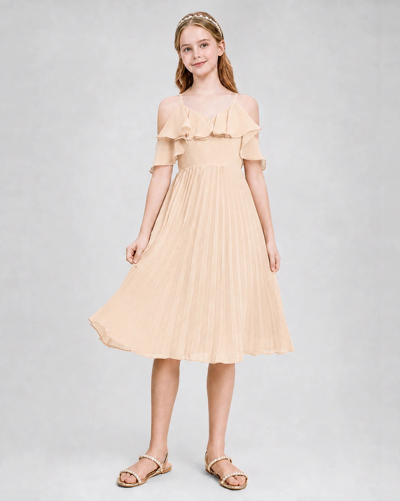Dideyttawl Cold Shoulder Pleated Chiffon Junior Bridesmaid Dress