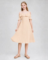 Peach Chiffon Cold Shoulder Ruffle Pleated Junior Bridesmaid Dresses Back View