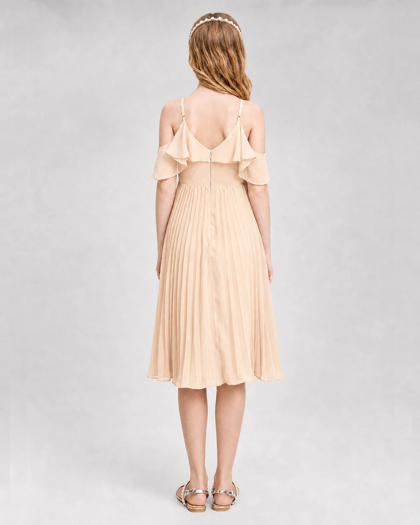 Peach Chiffon Cold Shoulder Pleated Junior Bridesmaid Dresses Front View