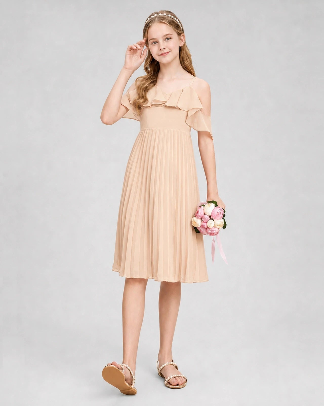 Dideyttawl Cold Shoulder Pleated Chiffon Junior Bridesmaid Dress