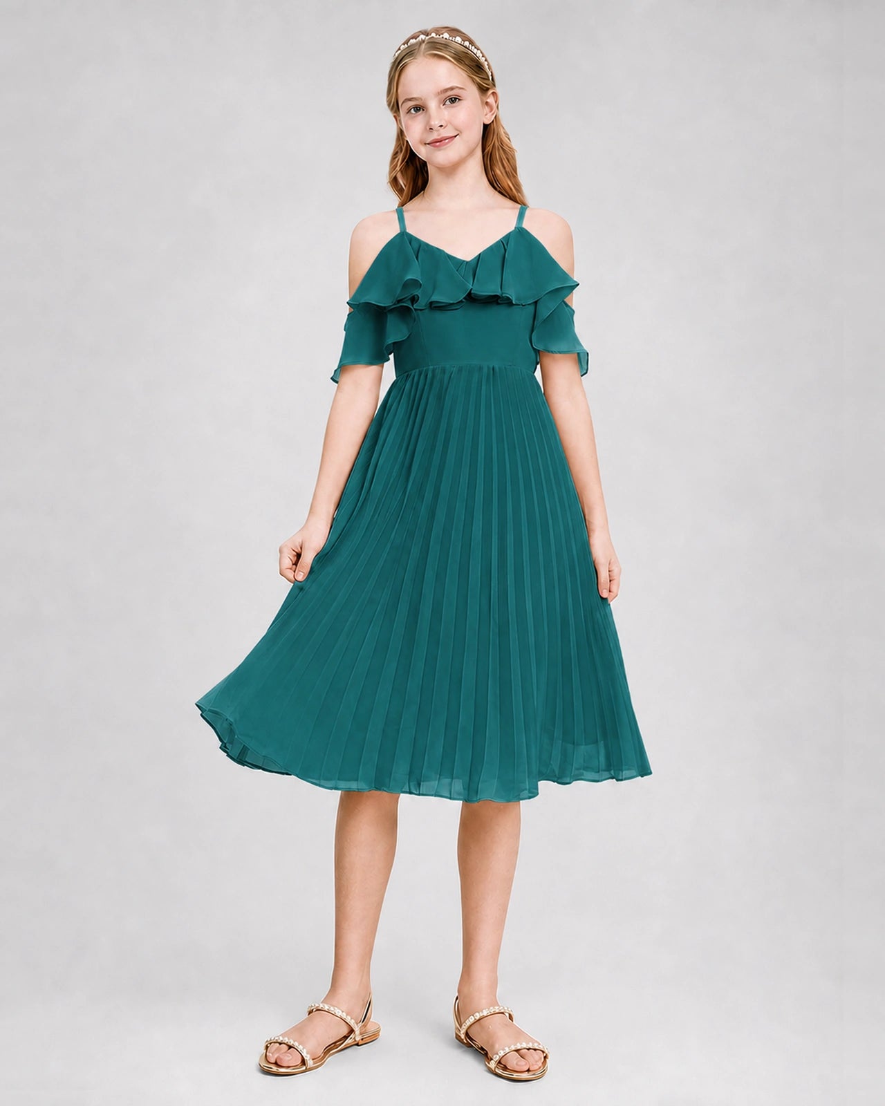 Dideyttawl Cold Shoulder Pleated Chiffon Junior Bridesmaid Dress