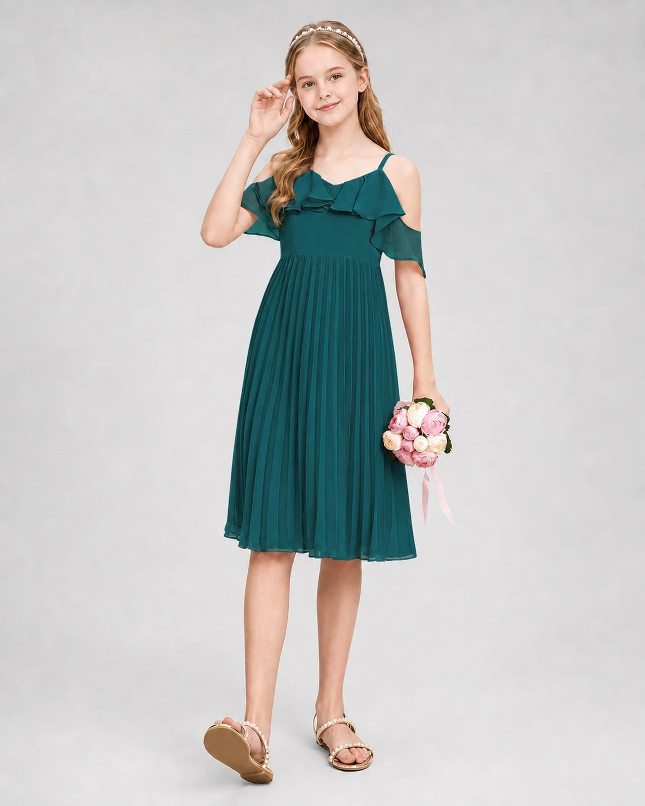 Dideyttawl Cold Shoulder Pleated Chiffon Junior Bridesmaid Dress