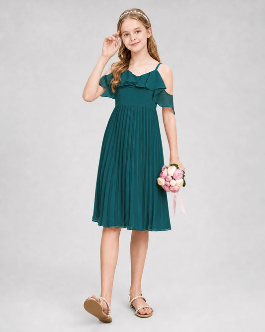 Peacock Chiffon Cold-Shoulder Pleated Junior Bridesmaid Dresses Side View