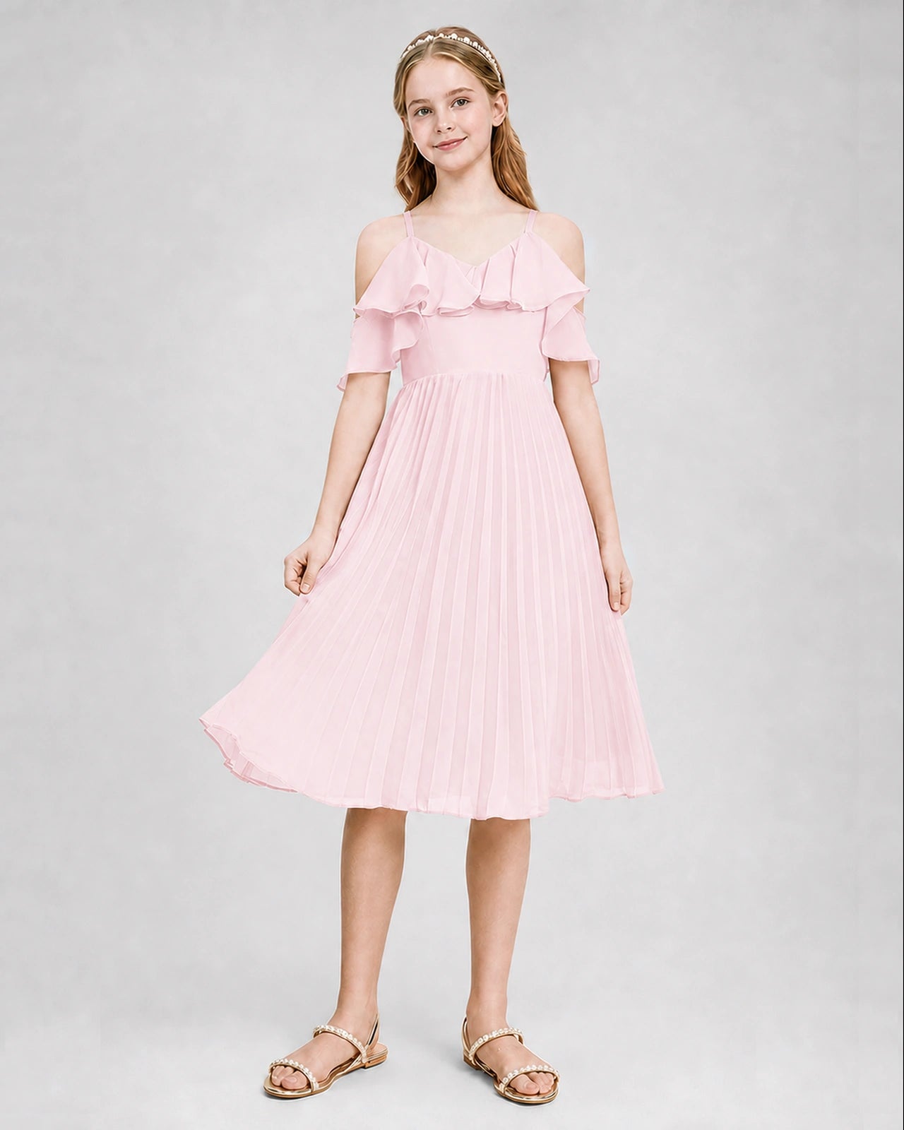 Dideyttawl Cold Shoulder Pleated Chiffon Junior Bridesmaid Dress