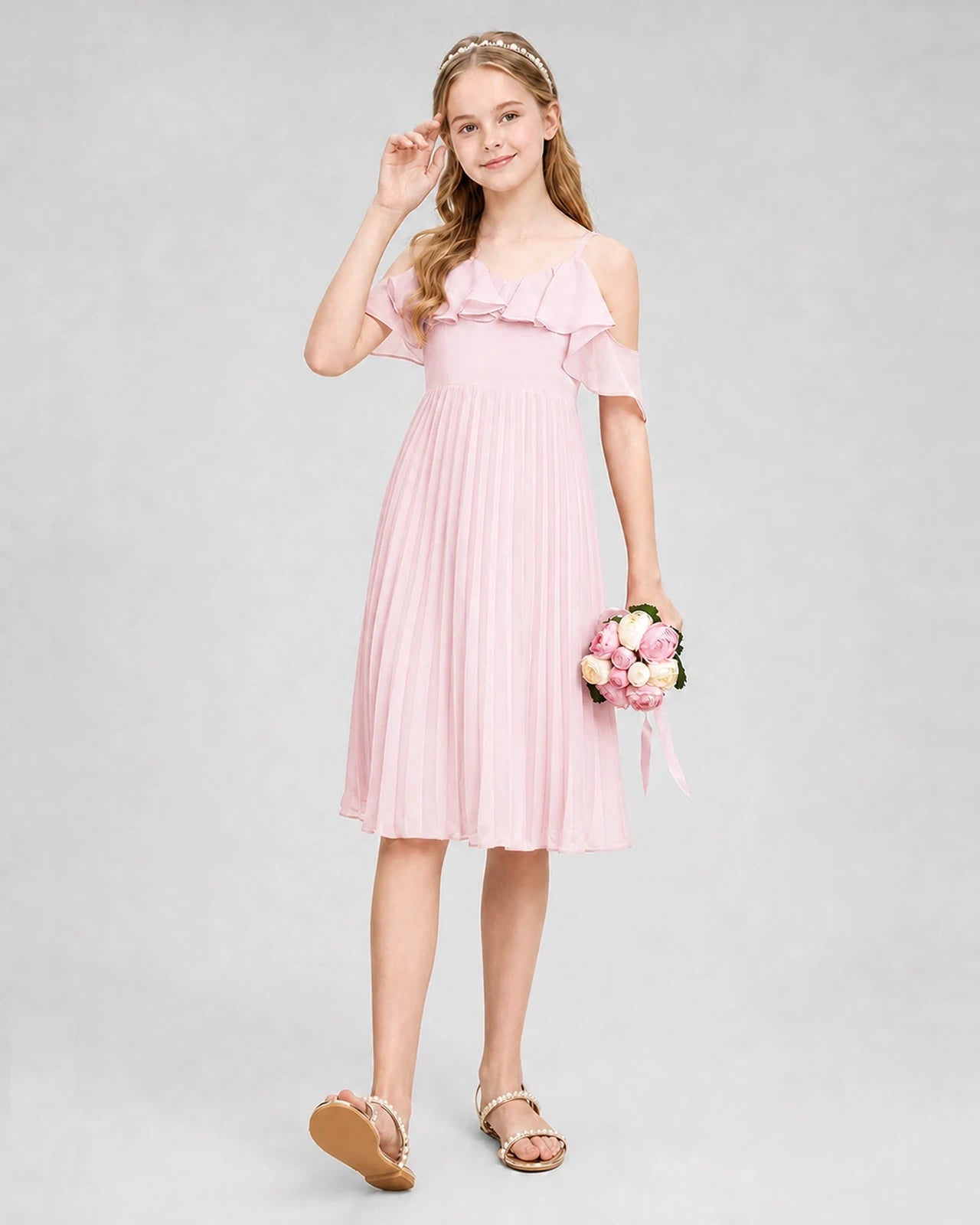 Dideyttawl Cold Shoulder Pleated Chiffon Junior Bridesmaid Dress