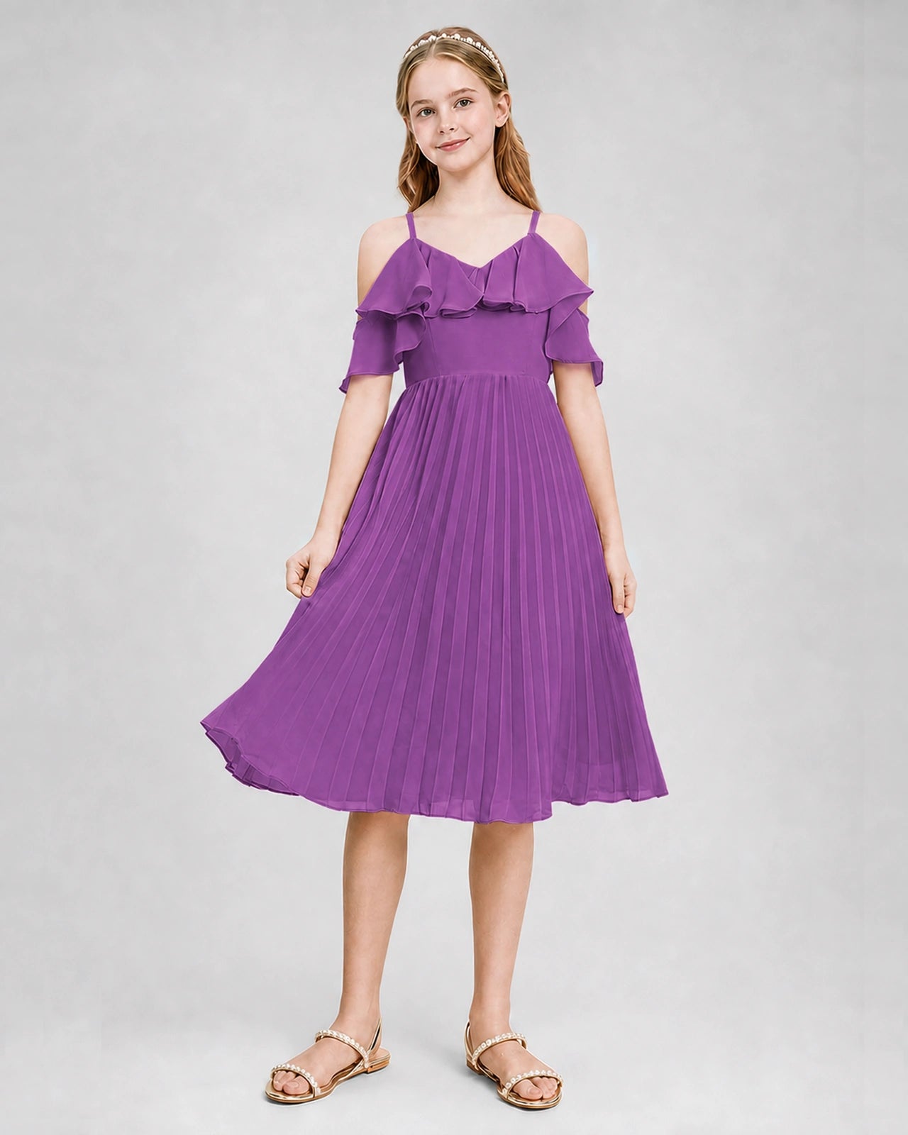 Dideyttawl Cold Shoulder Pleated Chiffon Junior Bridesmaid Dress