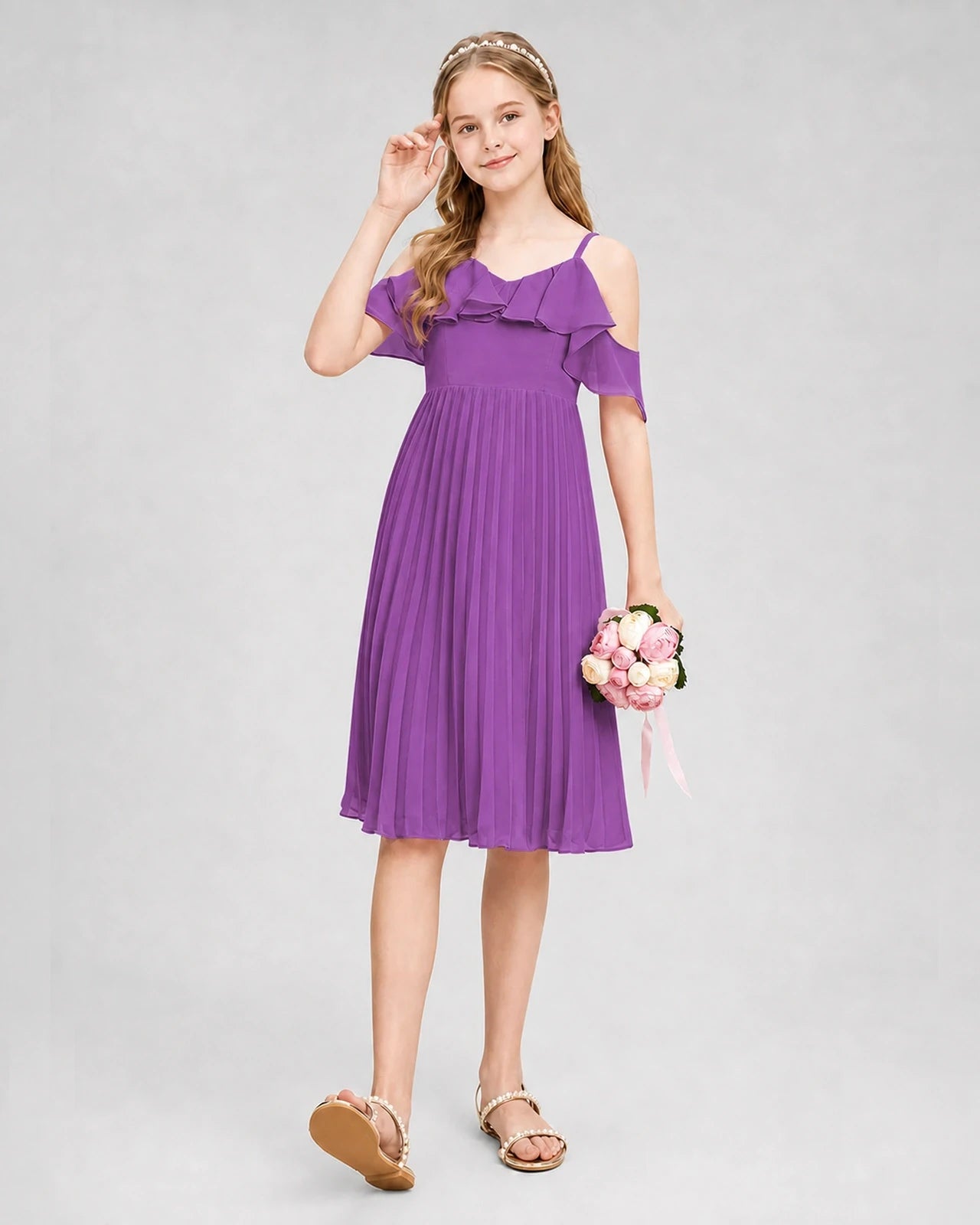 Dideyttawl Cold Shoulder Pleated Chiffon Junior Bridesmaid Dress