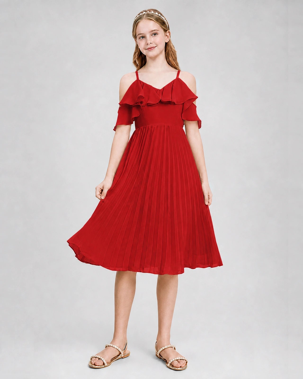 Dideyttawl Cold Shoulder Pleated Chiffon Junior Bridesmaid Dress