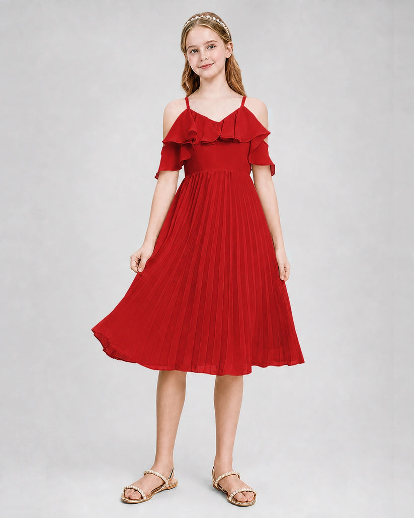 Red chiffon cold shoulder pleated junior bridesmaid dresses Back View