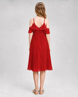 Red chiffon cold shoulder pleated junior bridesmaid dress back view