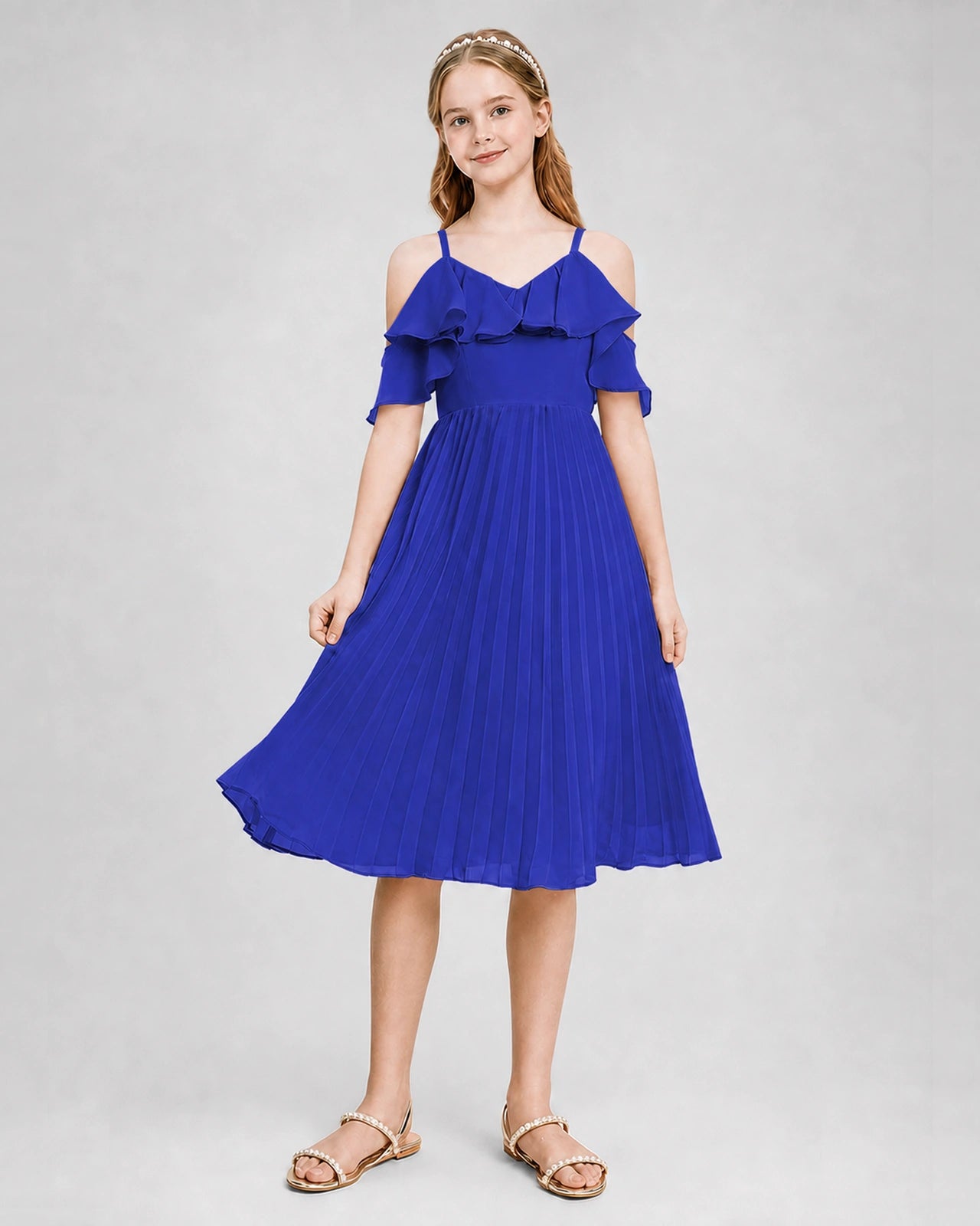 Dideyttawl Cold Shoulder Pleated Chiffon Junior Bridesmaid Dress