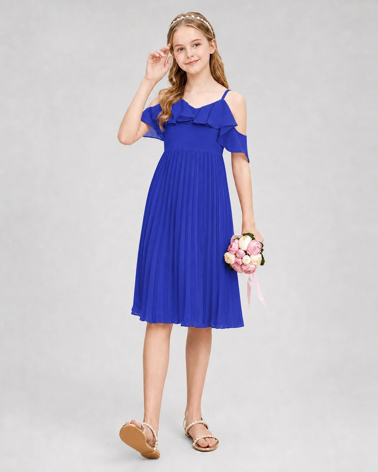 Dideyttawl Cold Shoulder Pleated Chiffon Junior Bridesmaid Dress