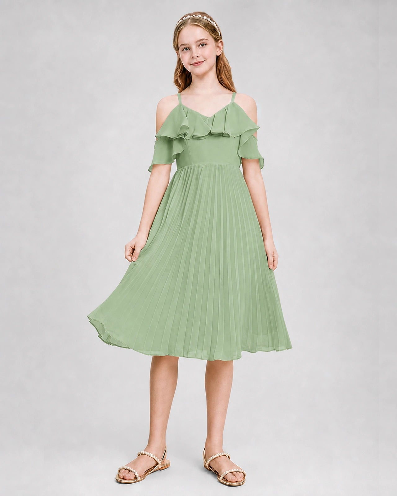 Dideyttawl Cold Shoulder Pleated Chiffon Junior Bridesmaid Dress