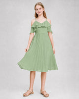 Sage Green Chiffon Cold Shoulder Pleated Junior Bridesmaid Dresses Back View