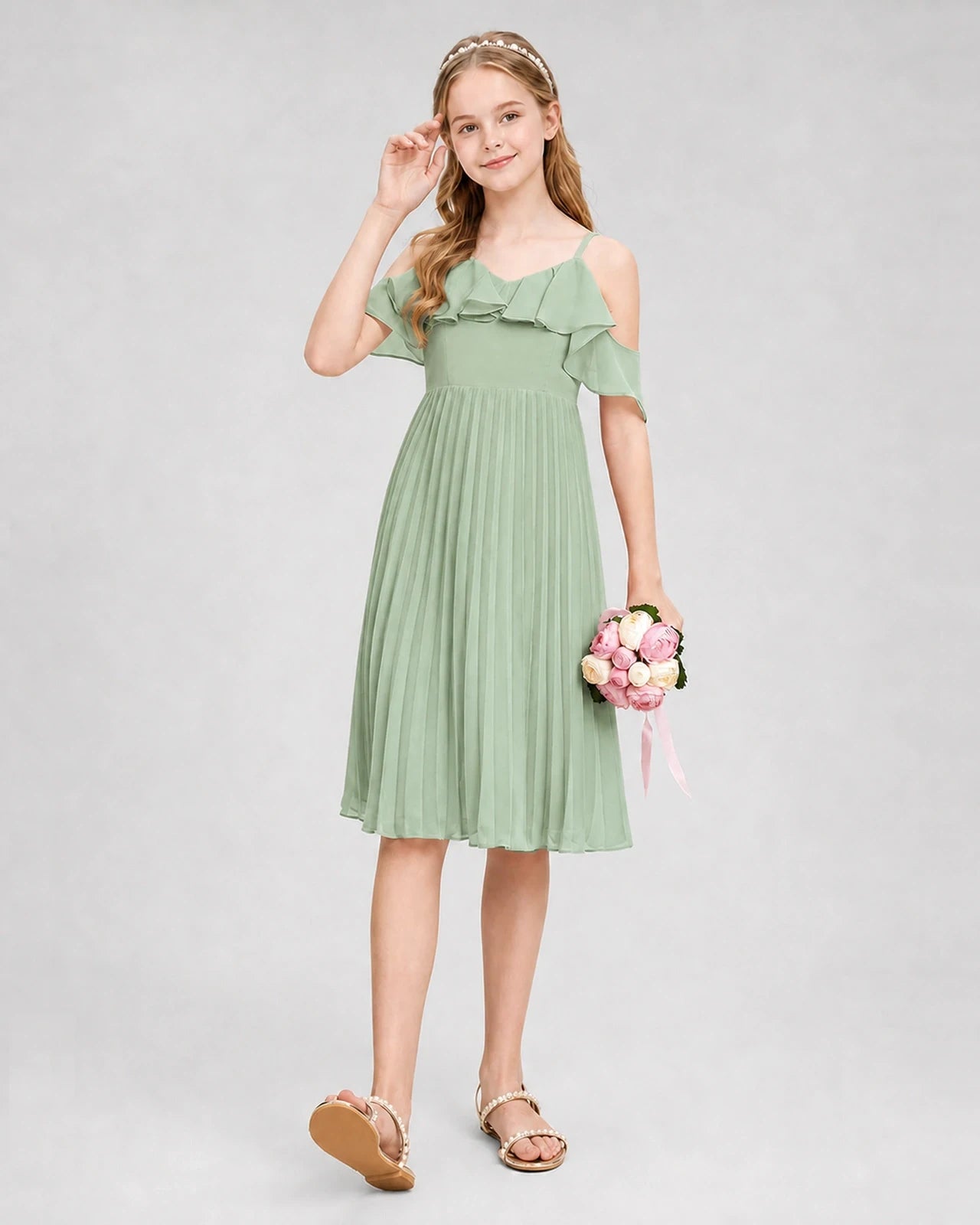 Dideyttawl Cold Shoulder Pleated Chiffon Junior Bridesmaid Dress