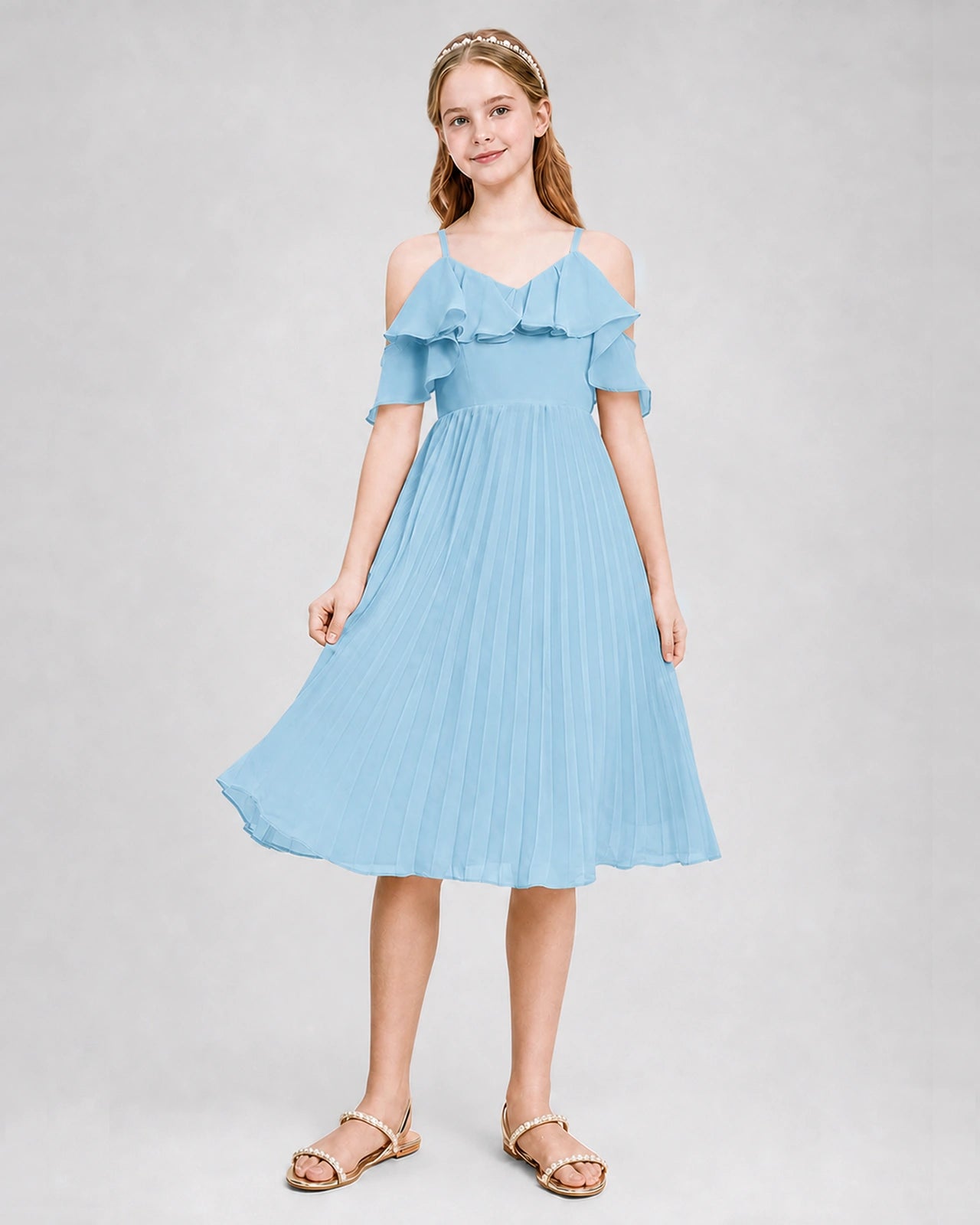 Dideyttawl Cold Shoulder Pleated Chiffon Junior Bridesmaid Dress
