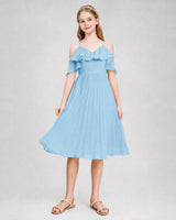 Sky Blue Chiffon Cold Shoulder A-Line Junior Bridesmaid Dresses Back View