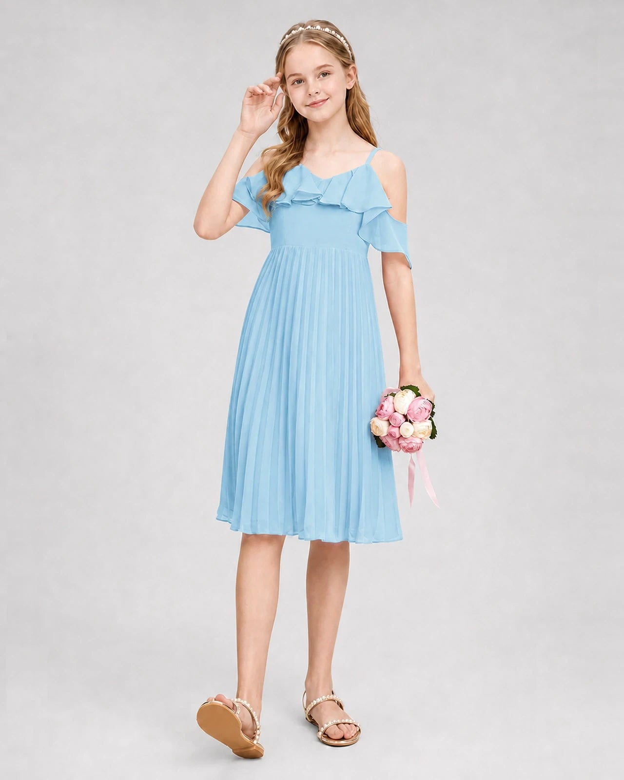 Dideyttawl Cold Shoulder Pleated Chiffon Junior Bridesmaid Dress
