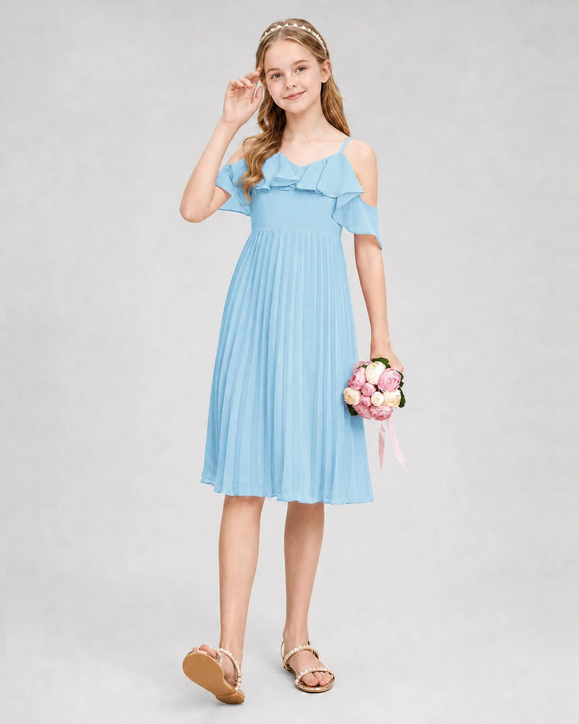 Sky Blue Chiffon Cold Shoulder Junior Bridesmaid Dresses Side View