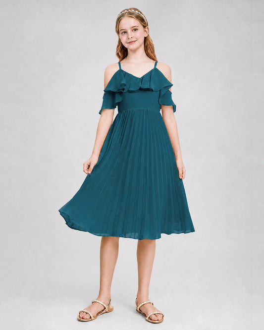 Teal Chiffon Ruffled Cold-Shoulder Junior Bridesmaid Dresses Back View