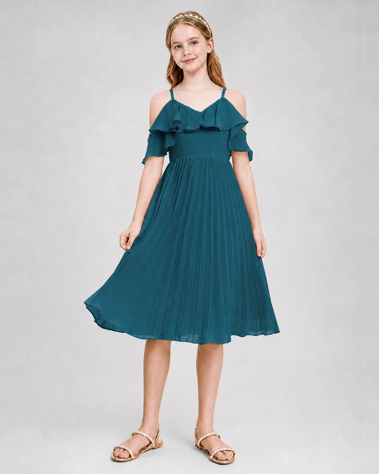 Dideyttawl Cold Shoulder Pleated Chiffon Junior Bridesmaid Dress
