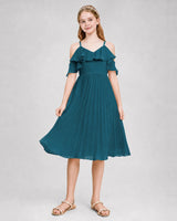 Teal Chiffon Ruffled Cold-Shoulder Junior Bridesmaid Dresses Back View