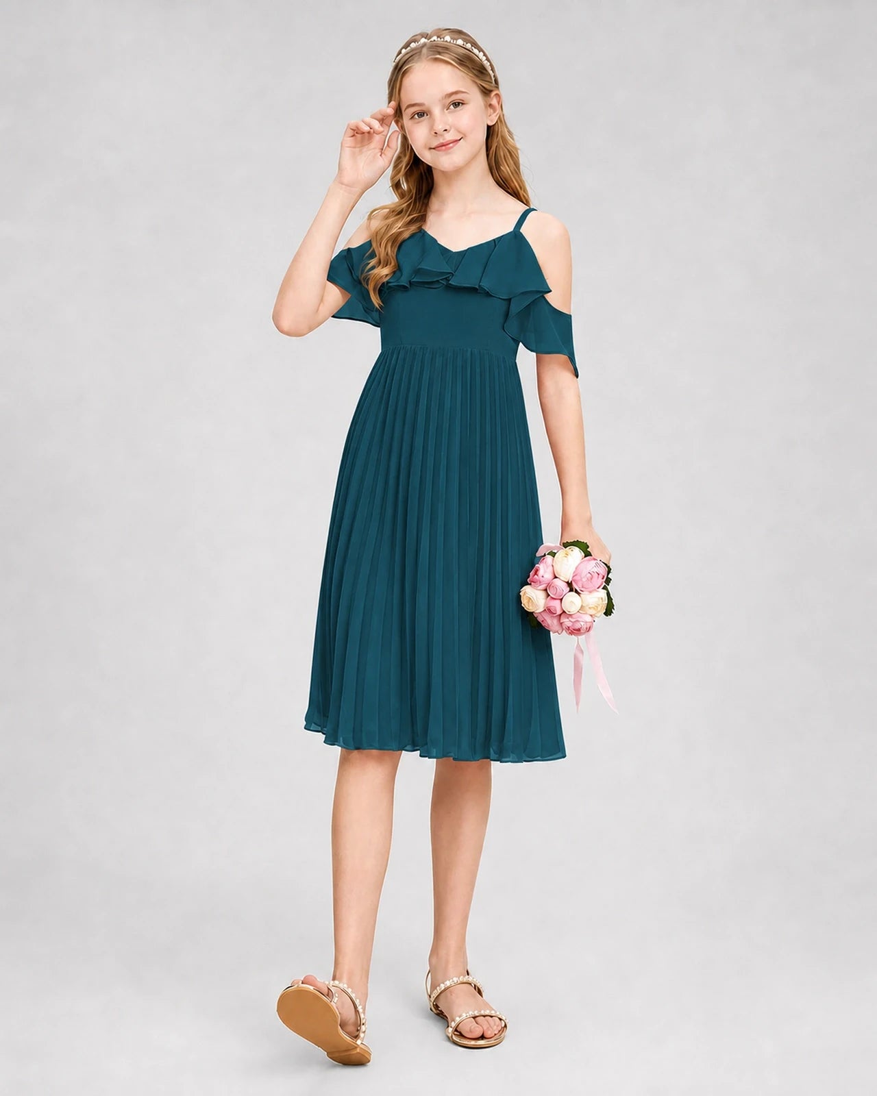 Dideyttawl Cold Shoulder Pleated Chiffon Junior Bridesmaid Dress