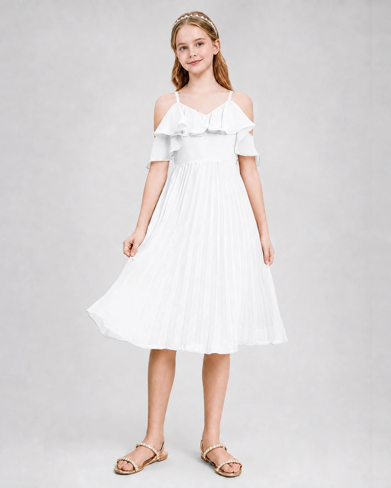 Dideyttawl Cold Shoulder Pleated Chiffon Junior Bridesmaid Dress