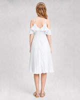 White Chiffon Cold Shoulder Pleated Junior Bridesmaid Dresses Front View