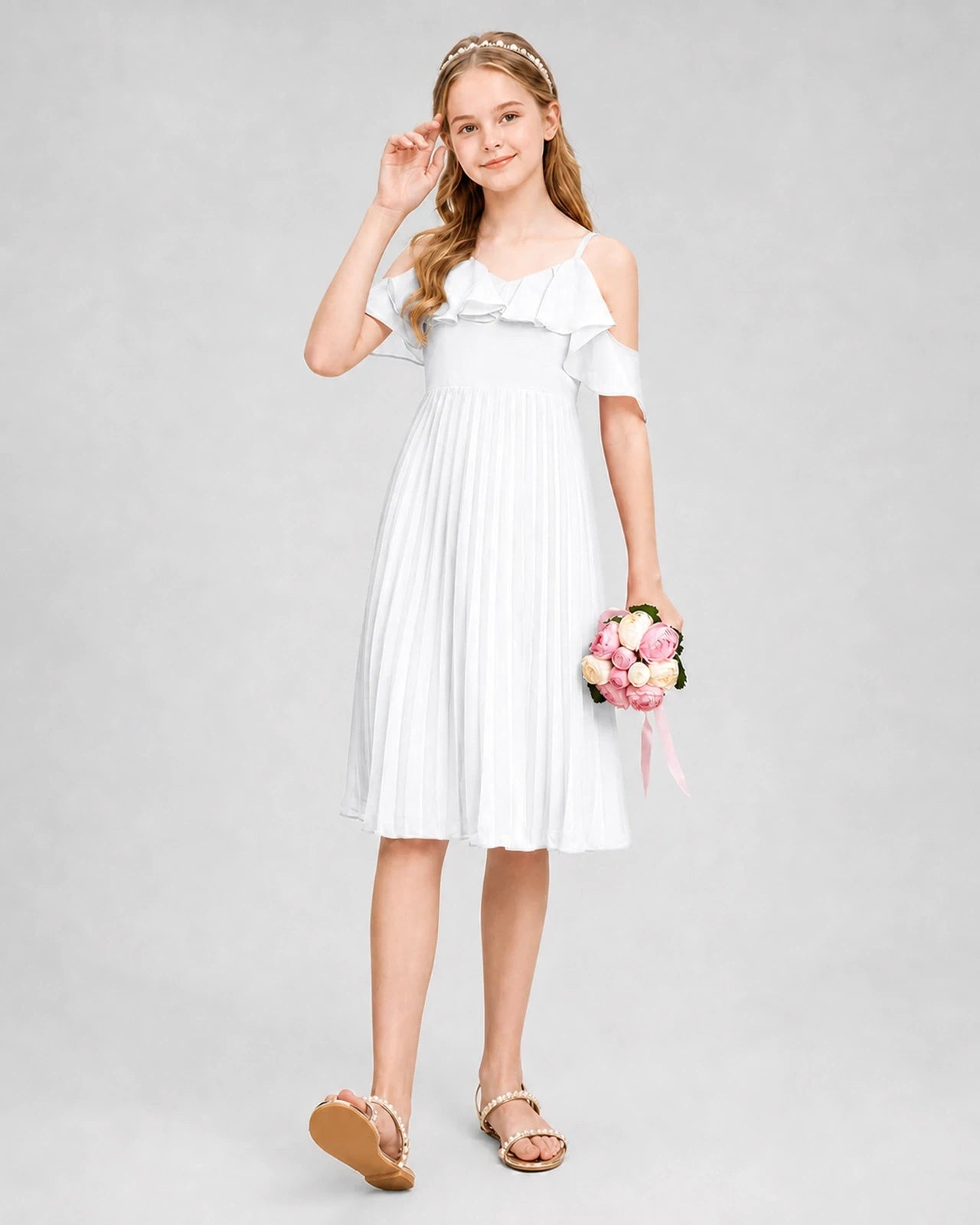 Dideyttawl Cold Shoulder Pleated Chiffon Junior Bridesmaid Dress