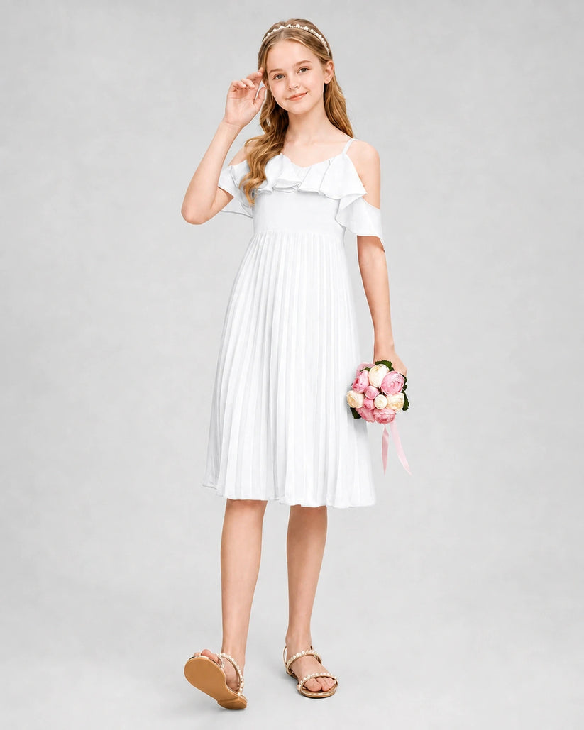 White Chiffon Cold Shoulder Junior Bridesmaid Dresses Side View