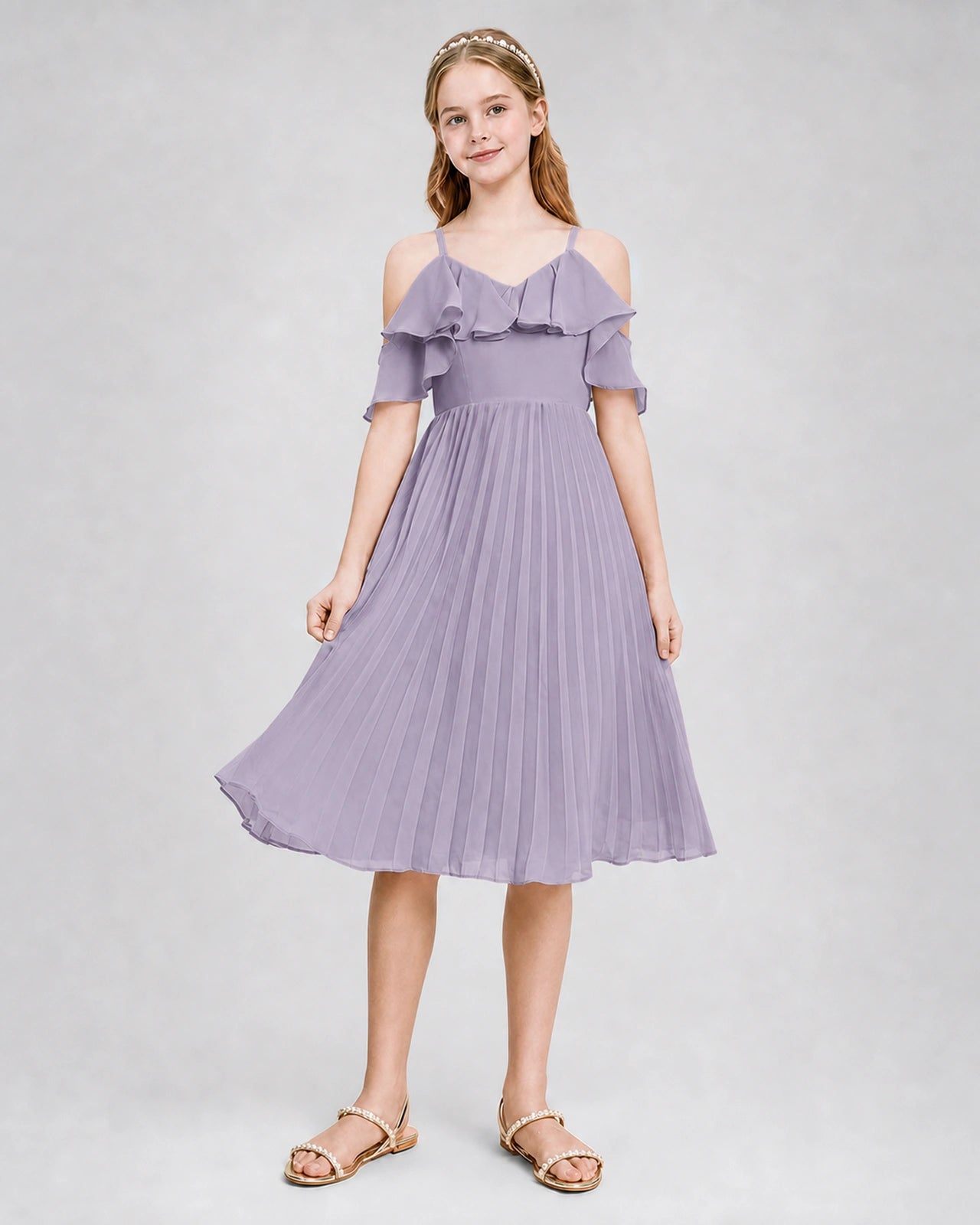Dideyttawl Cold Shoulder Pleated Chiffon Junior Bridesmaid Dress