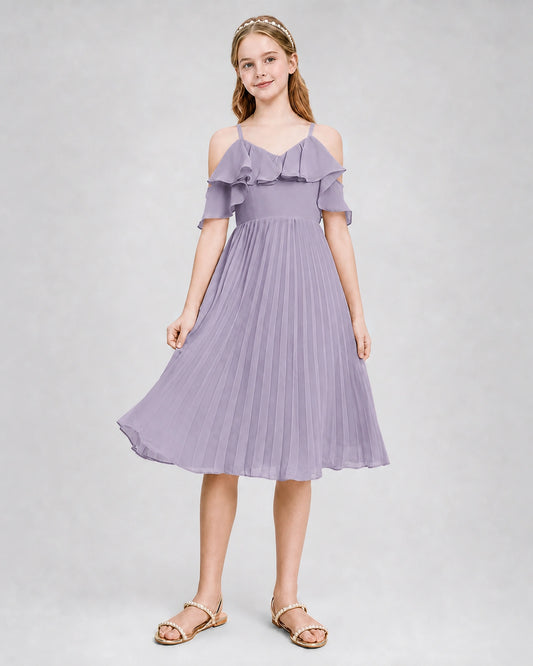 Wisteria Chiffon Cold Shoulder A-Line Junior Bridesmaid Dresses Back View