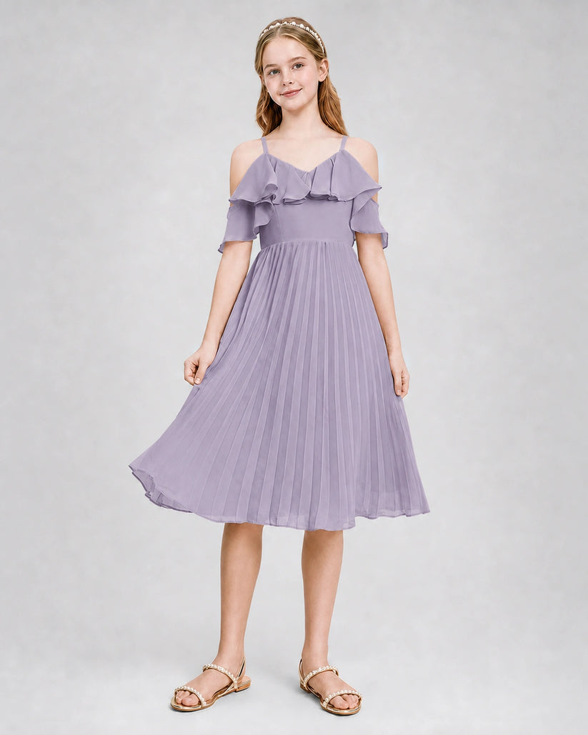 Wisteria Chiffon Cold Shoulder A-Line Junior Bridesmaid Dresses Back View