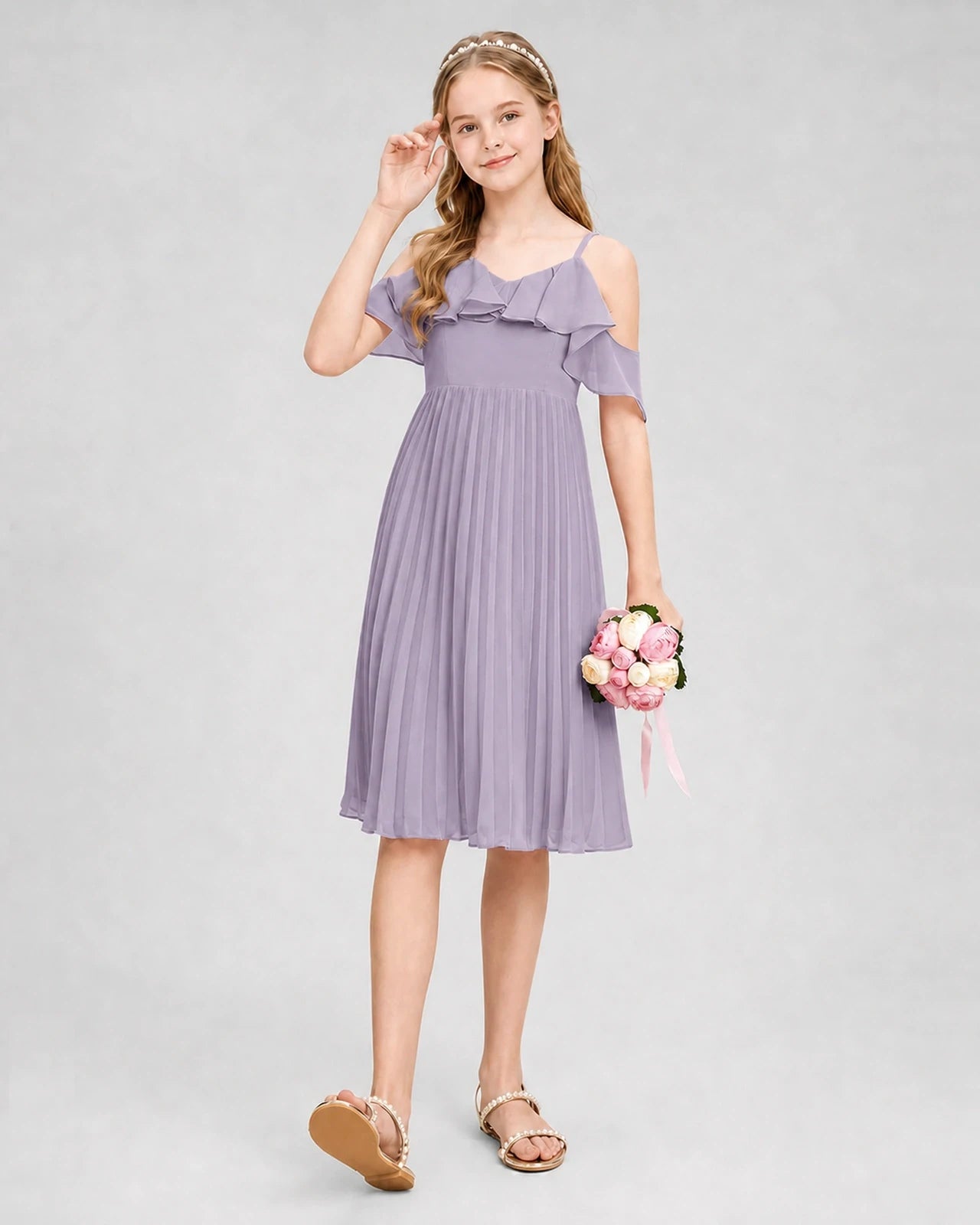 Dideyttawl Cold Shoulder Pleated Chiffon Junior Bridesmaid Dress