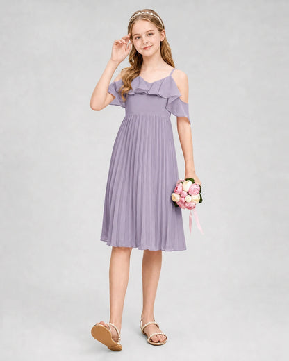 Dideyttawl Cold Shoulder Pleated Chiffon Junior Bridesmaid Dress