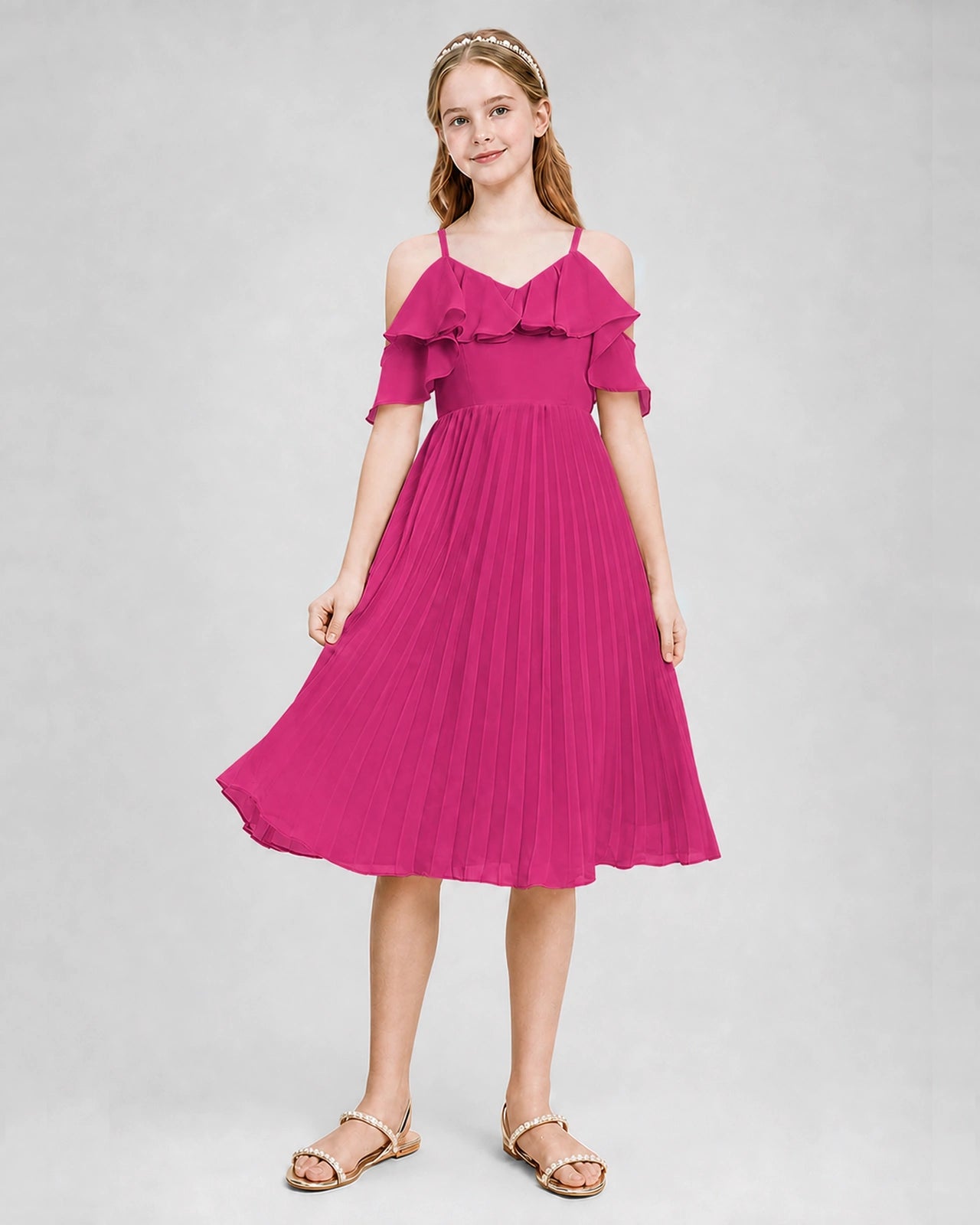 Dideyttawl Cold Shoulder Pleated Chiffon Junior Bridesmaid Dress