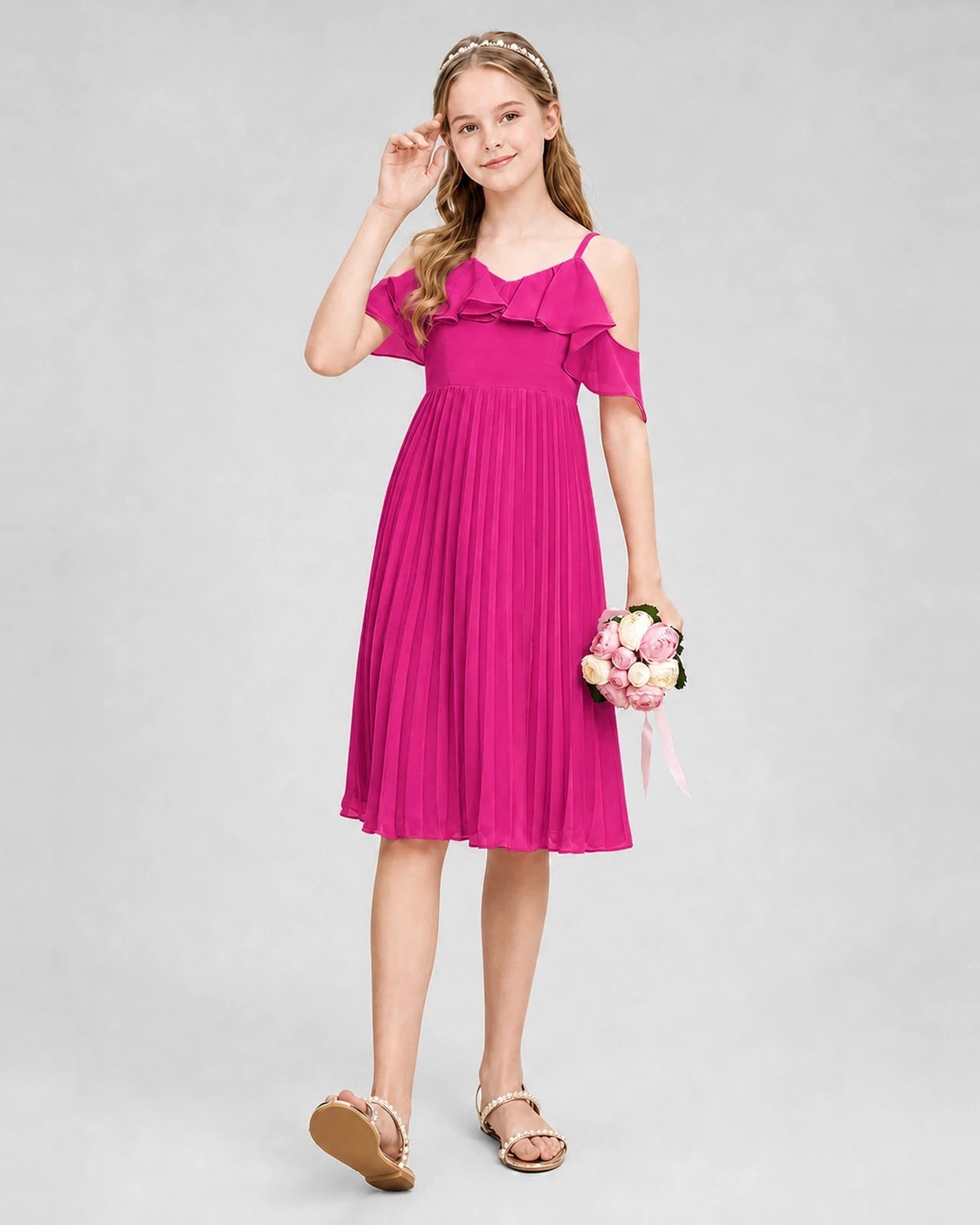 Dideyttawl Cold Shoulder Pleated Chiffon Junior Bridesmaid Dress