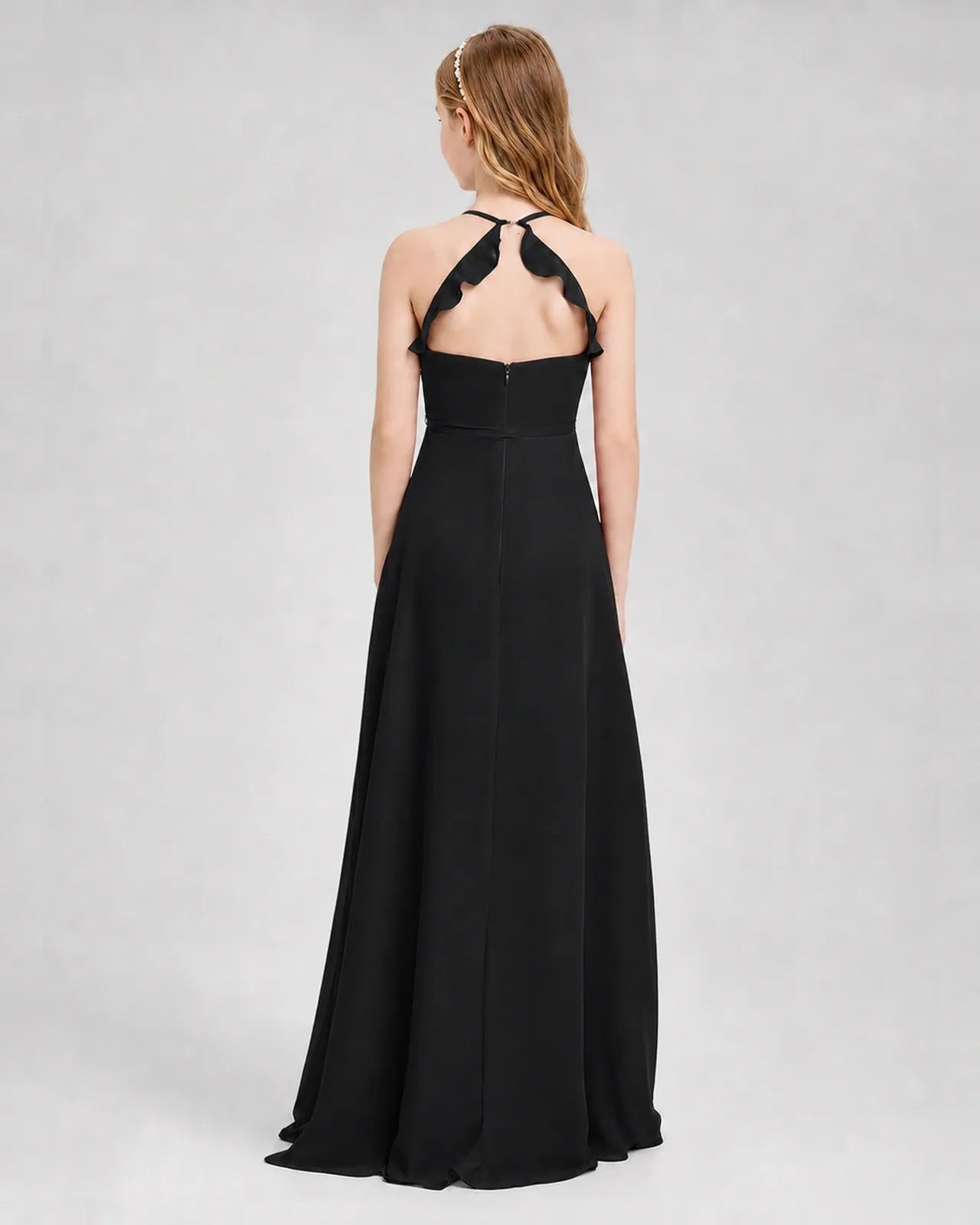 Black Chiffon A-line Junior Bridesmaid Dress Back View