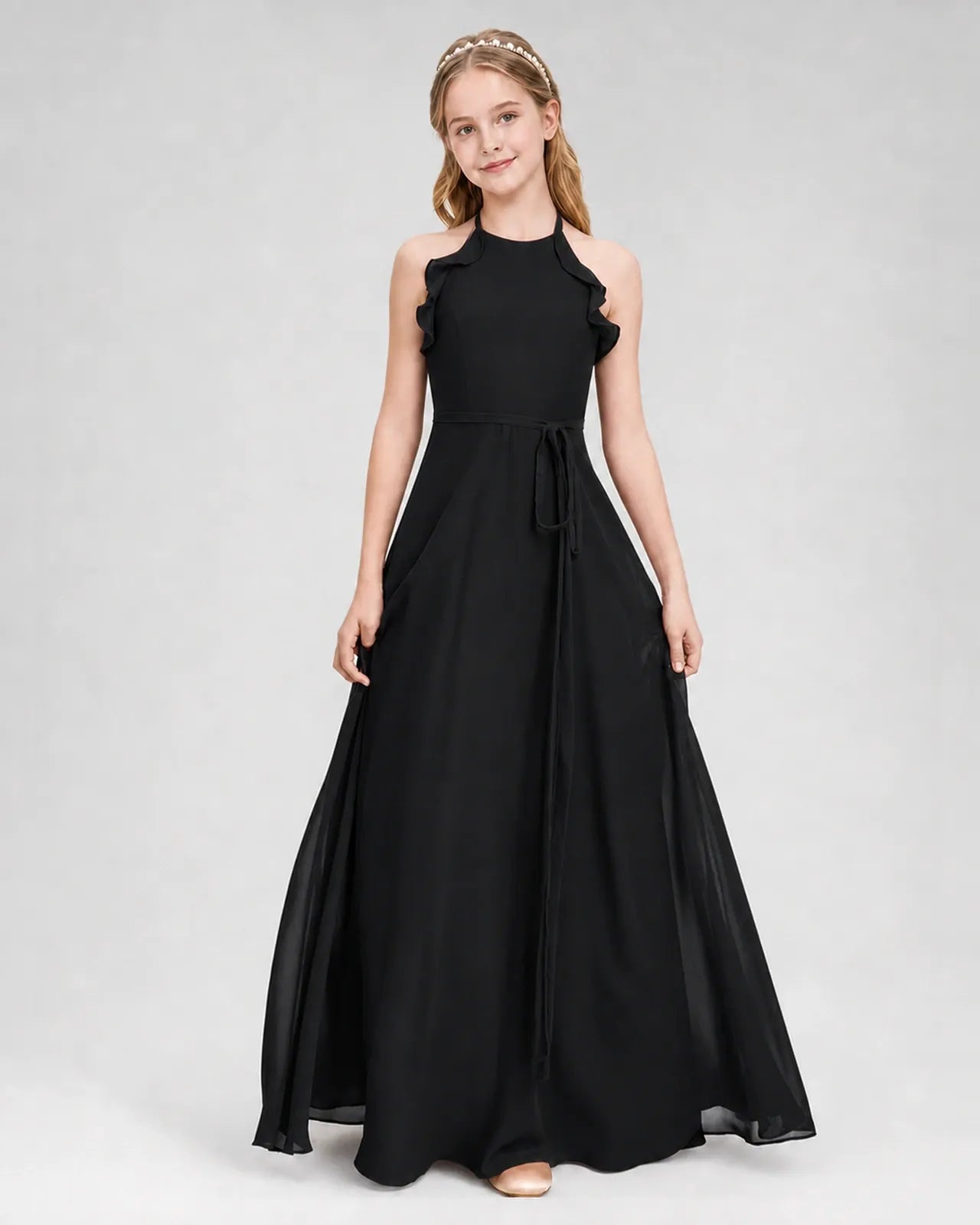 Black Chiffon A-line Junior Bridesmaid Dress Front View