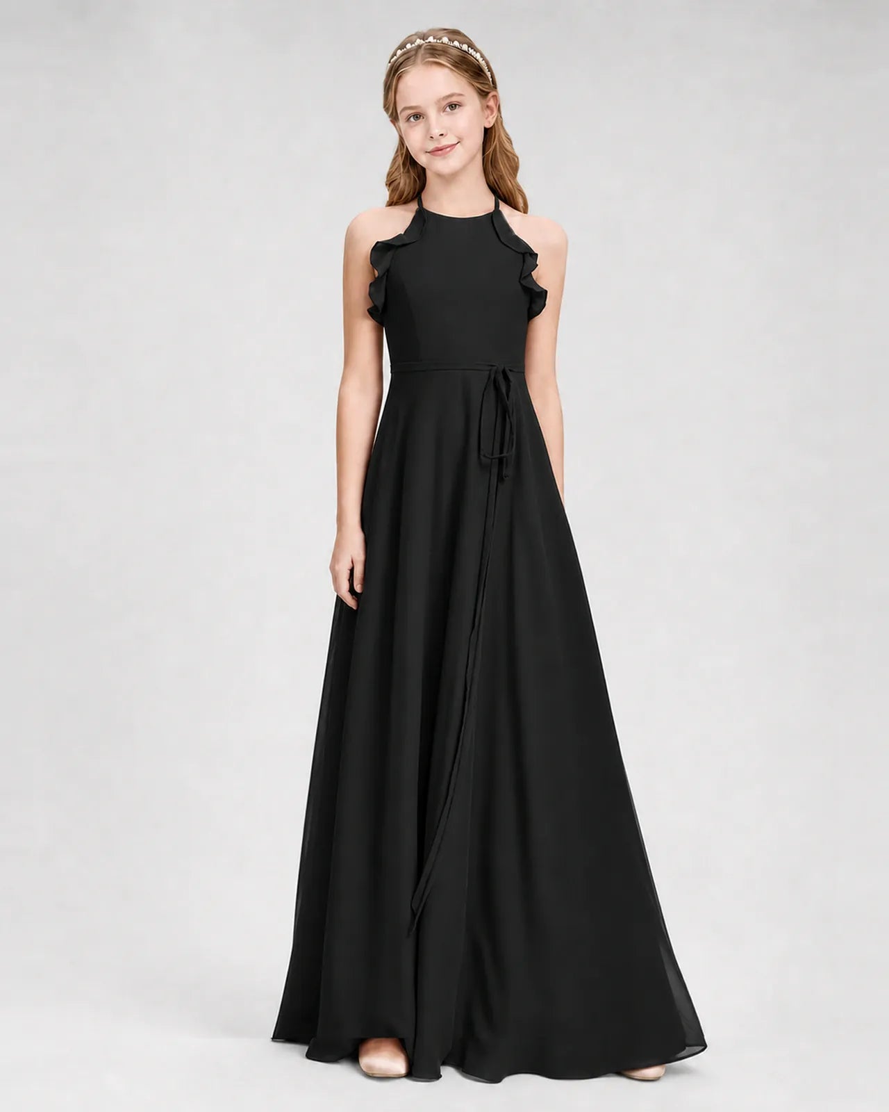 Black Chiffon A-line Junior Bridesmaid Dress Front View