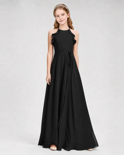 Black Chiffon A-line Junior Bridesmaid Dress Front View