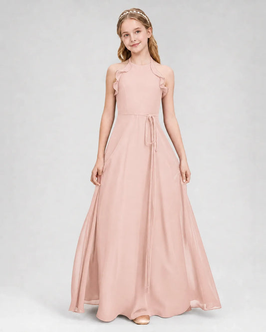 Blush Pink Chiffon A-line Junior Bridesmaid Dress Front View