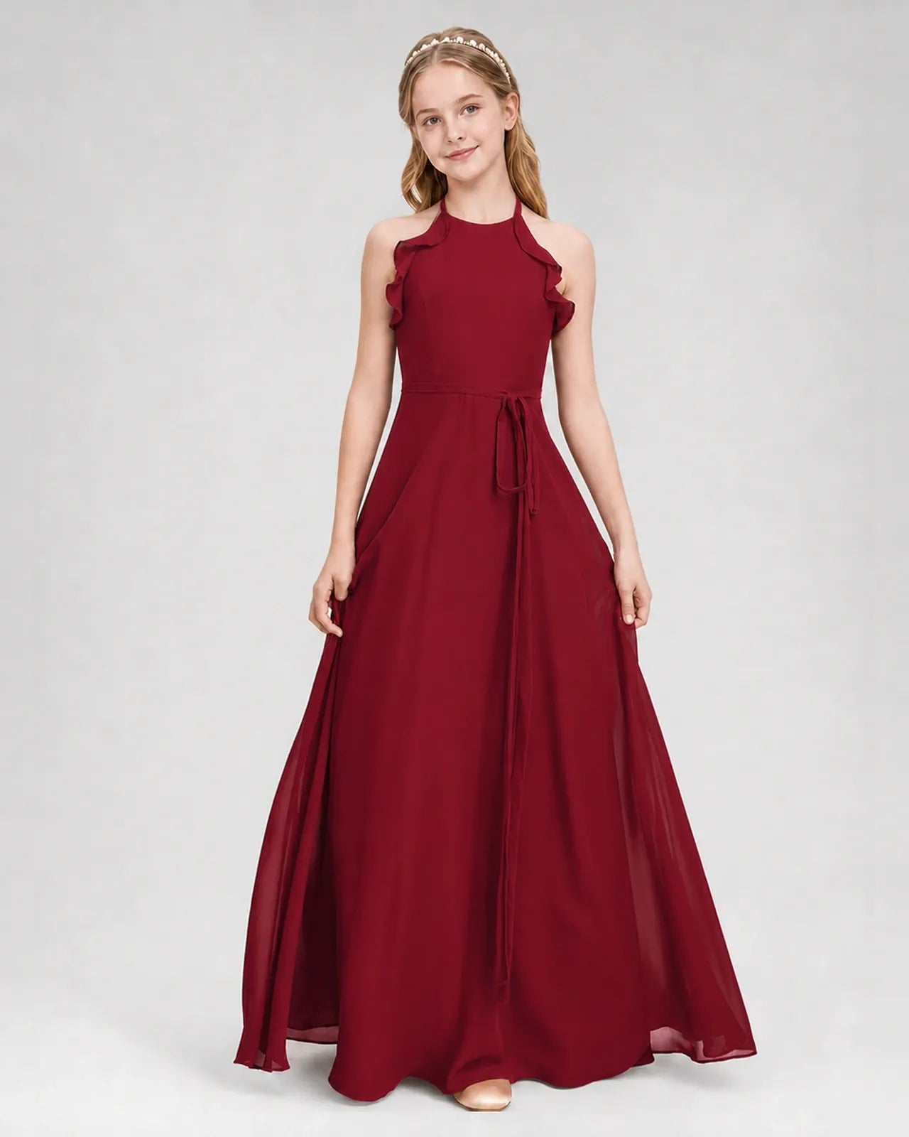 Burgundy Chiffon A-line Junior Bridesmaid Dress Front View