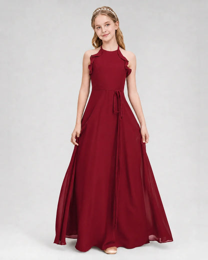 Burgundy Chiffon A-line Junior Bridesmaid Dress Front View