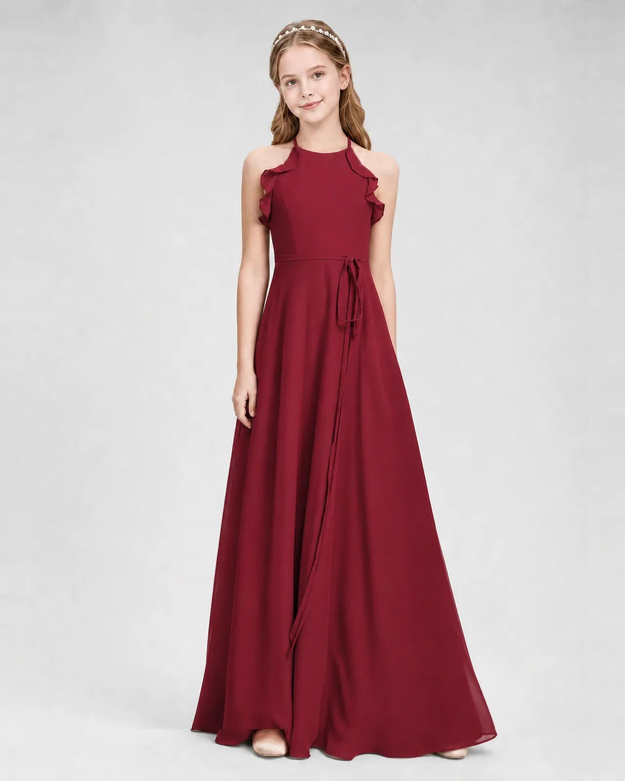 Burgundy Chiffon A-line Junior Bridesmaid Dress Side View