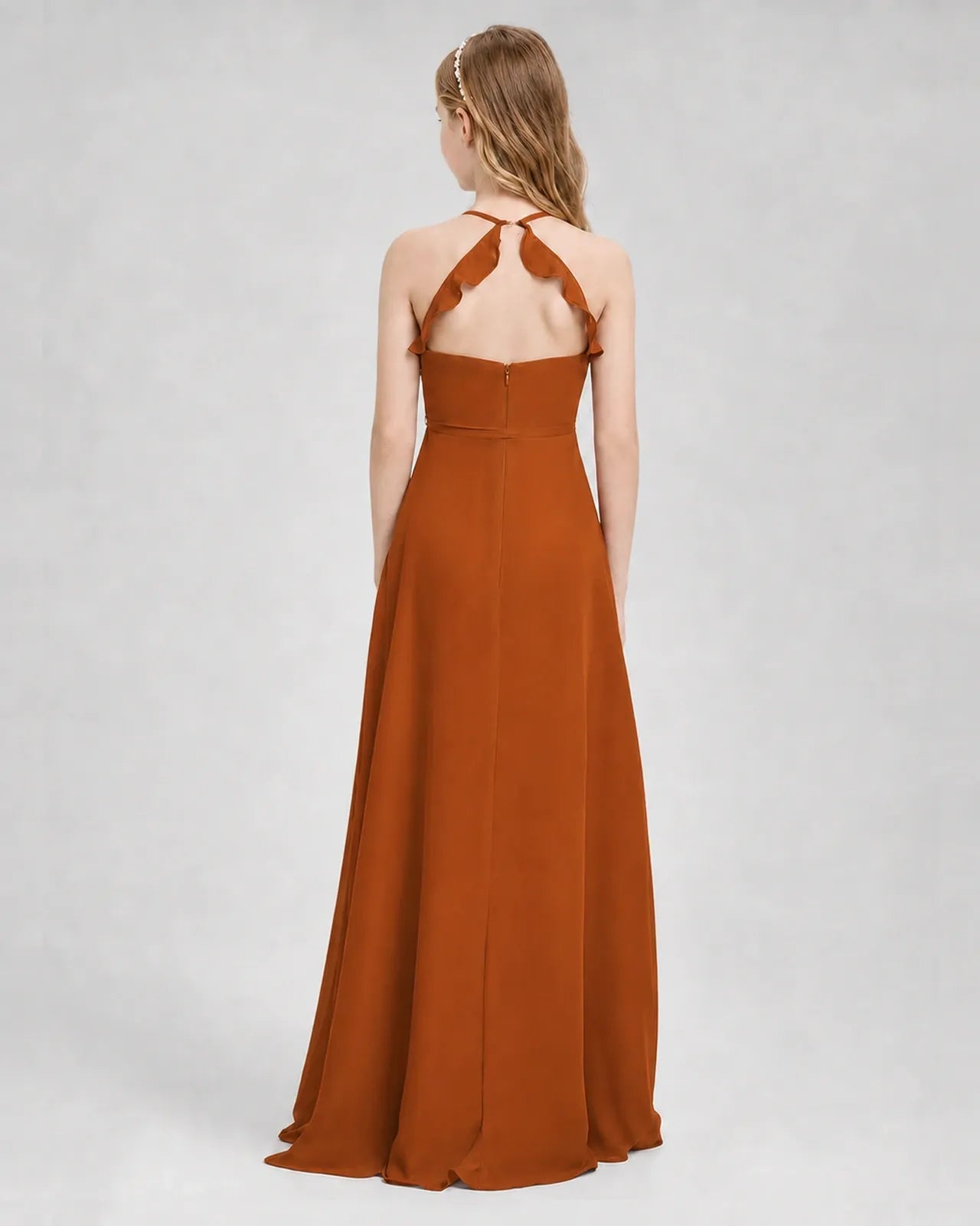 Burnt Orange Chiffon A-line Junior Bridesmaid Dress Back View
