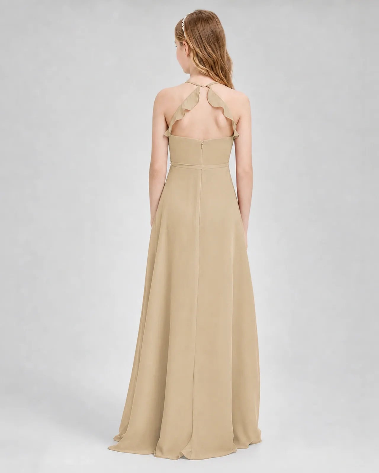 Champagne Chiffon A-line Junior Bridesmaid Dress Back View
